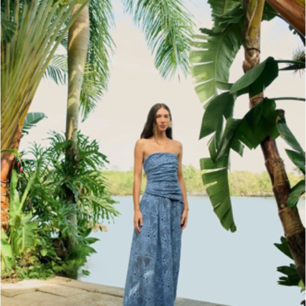RARE FARM Rio Blue Strapless Laise Beira Dress